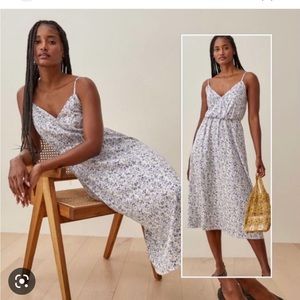 Reformation White Floral Maxi Dress with Blue Print